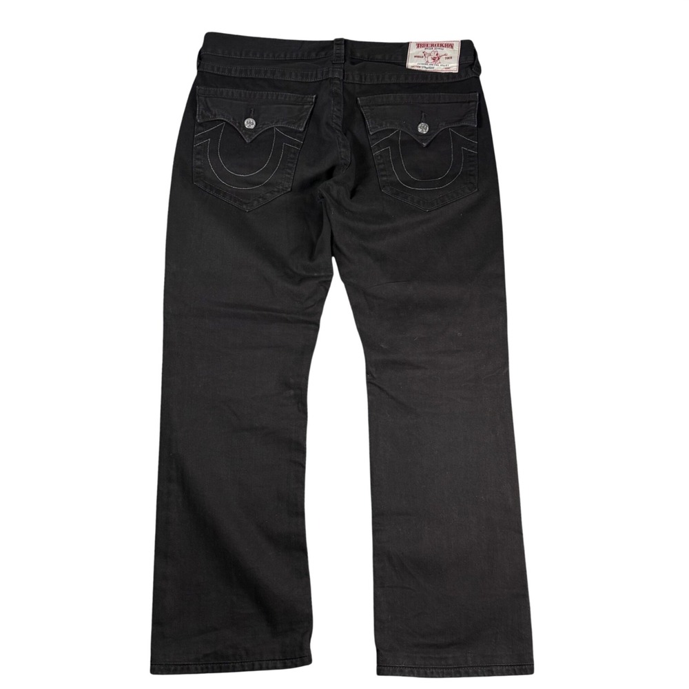 True Religion Straight W Flap Jeans Mens 36 Black Horseshoe Stitch Denim Pants